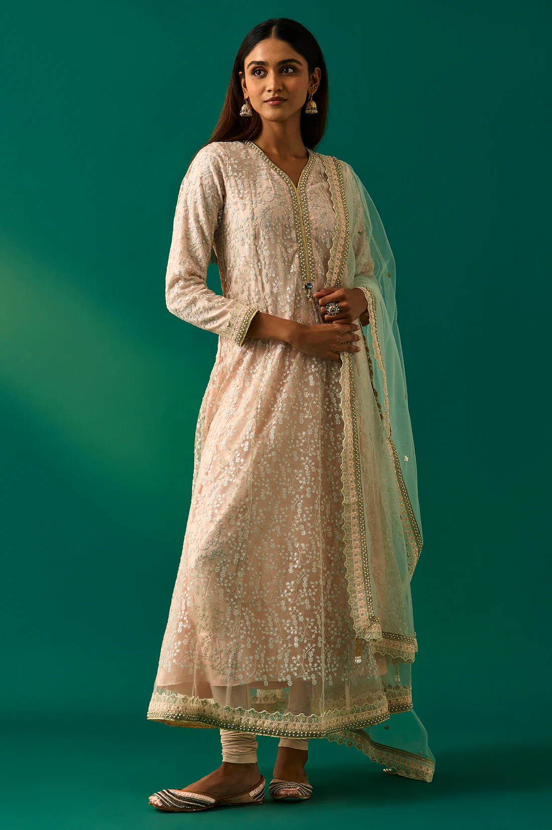 Beige Embroidered Anarkali Net Kurta